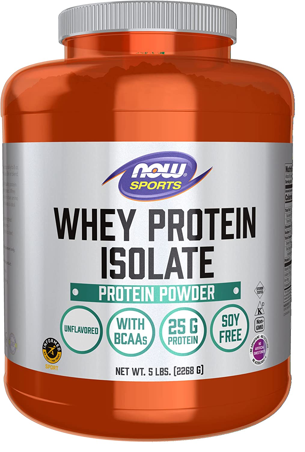 NOW Sports Nutrition, Whey Protein Isolate, 25 g With BCAAs, Unflavored Powder, 5-Pound